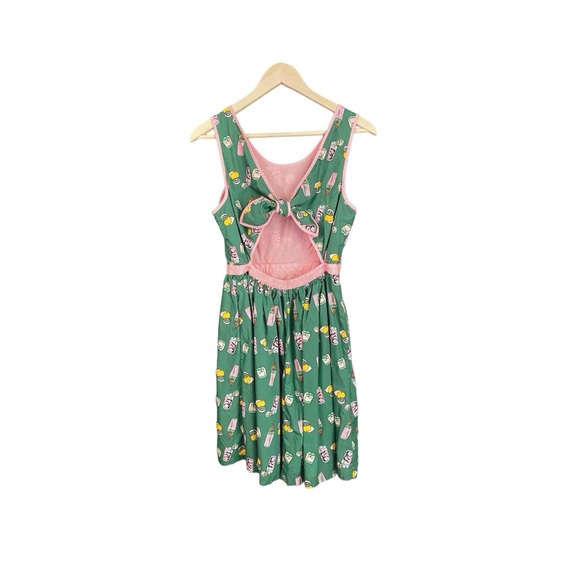ModCloth Pink Lemonade Dress Green Background Tie Back Medium - Picture 3 of 6